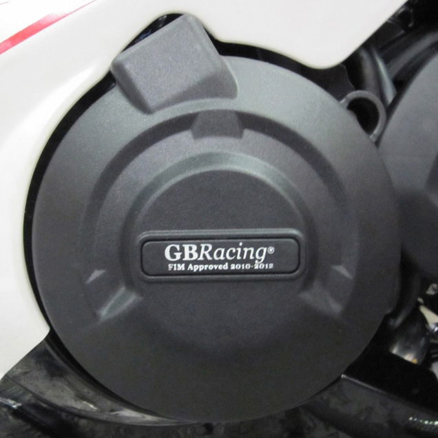 Close-up of a GBRacing engine cover on a motorcycle