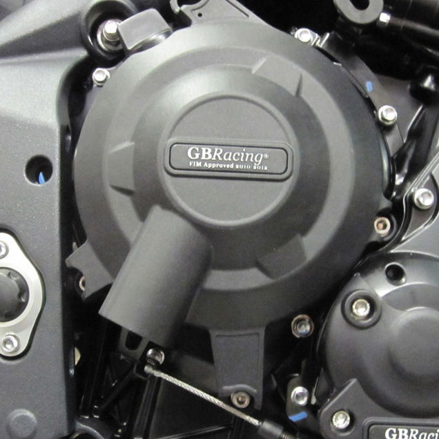 Close-up of a GBRacing engine cover on a Triumph bike