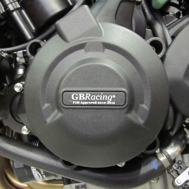 Close-up of a GBRacing engine cover on a motorcycle
