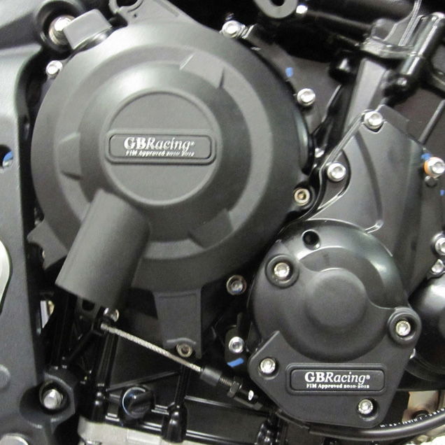 Close-up of a GBRacing engine cover on a motorcycle