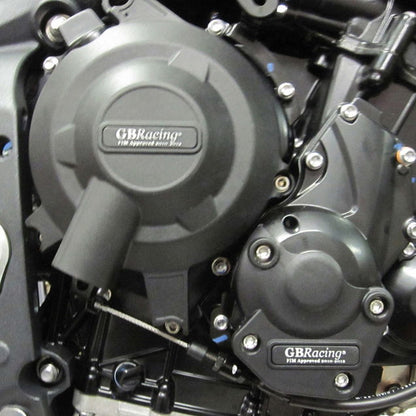 Close-up of a GBRacing engine cover on a motorcycle