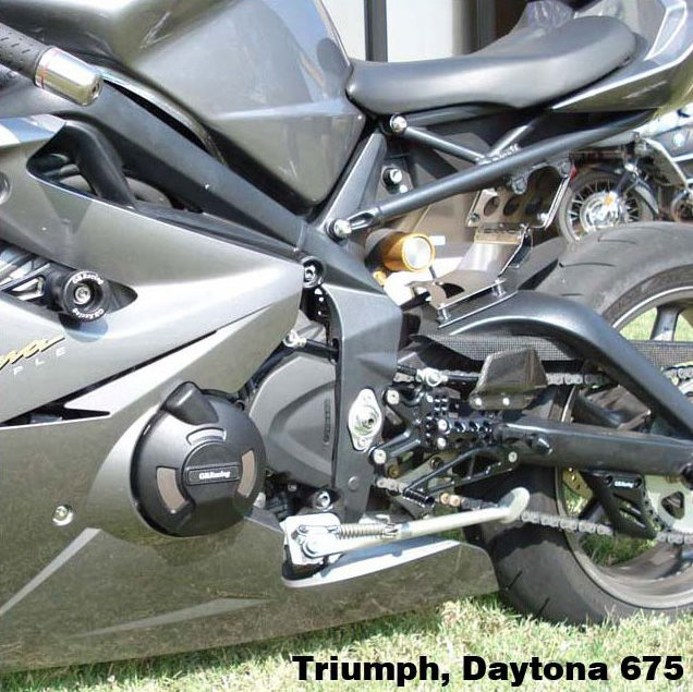 Close-up of a GBRacing engine cover on a Triumph bike