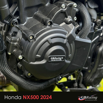 Close-up of a Honda NX500 2024 engine with GBRacing engine protection.