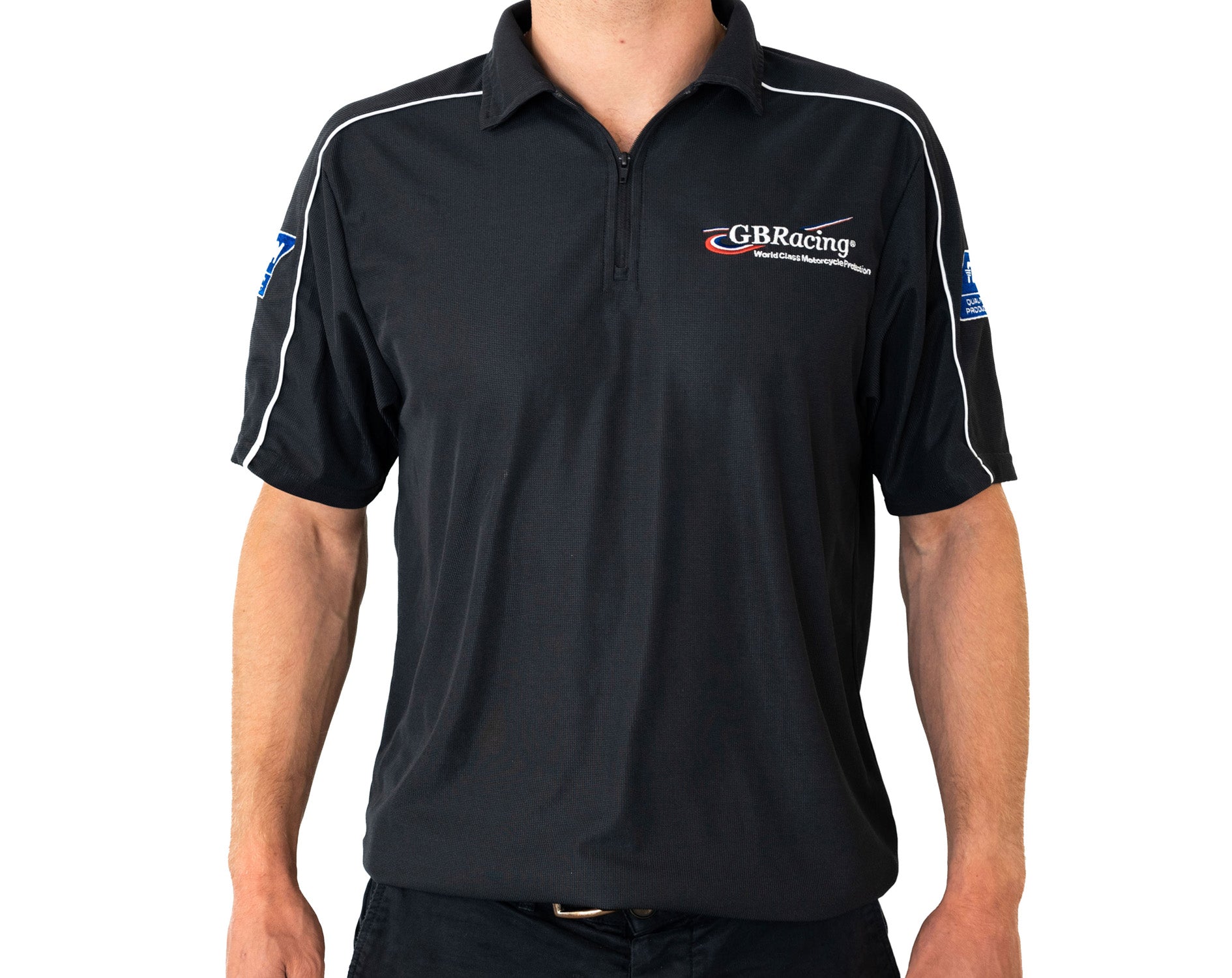 Black polo shirt with GBRacing logo